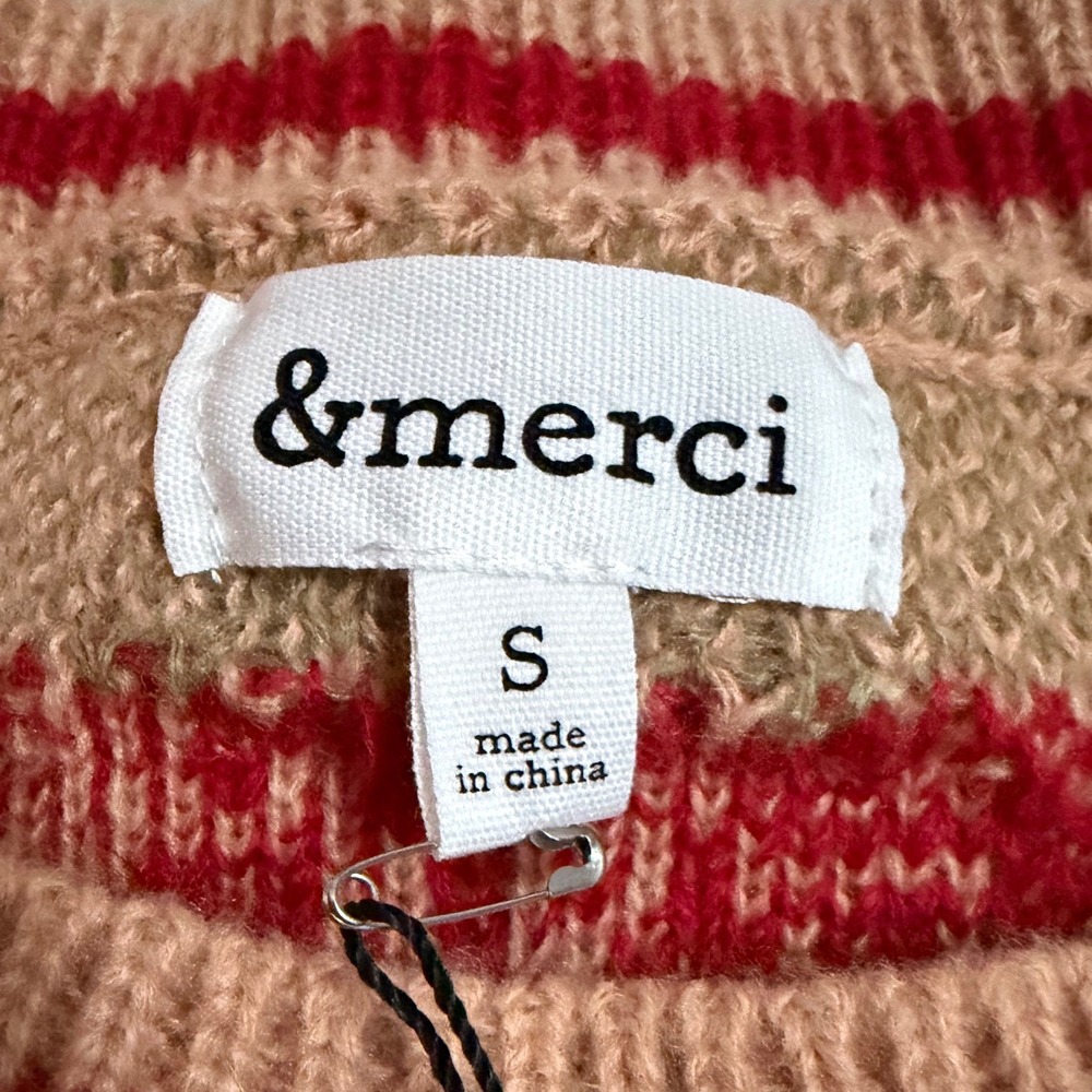 &merci Cherry Print Sweater Womens Small Tan Red Fuzzy Pom Pom Coquette Cottage - Picture 6 of 11